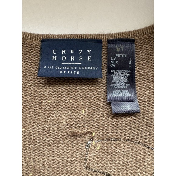 Crazy Horse Liz Claiborne Petite L Brown Full-Zip Sweater Snow Embroidered Dogs - Picture 5 of 11